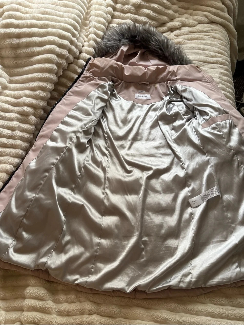 Calvin Klein Light Pink Quilted Hooded Puffer Coat with Faux Fur Trim